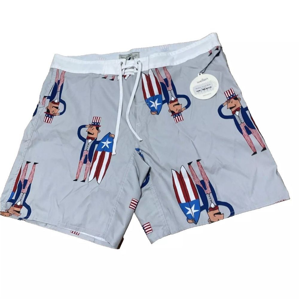 WELLEN SURF Board Shorts Men 38 Gray Red Blue American Stretch Trunks New